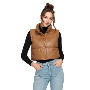 Sebby Collection Brown Faux Leather Puffer Vest Cropped MEDIUM